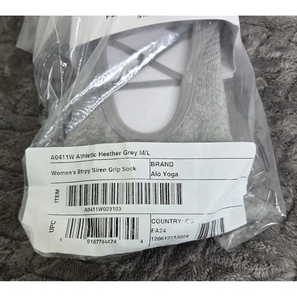 *NEW w/Tag ALO Womens Strappy Siren Grip Sock M/LG 8-11.5 Athletic Heather Grey